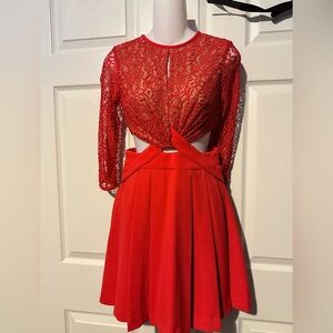 NEW nwt Three Floor XS 4 Red Lace Dress side cut out 3/4 length sleeve